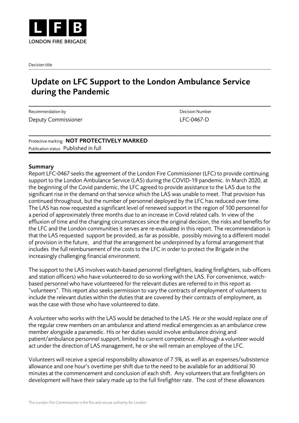 Update on LFC Support to the London Ambulance Service During the Pandemic