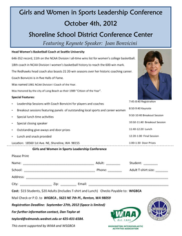Girls and Women in Sports Leadership Conference October 4Th, 2012 Shoreline School District Conference Center Featuring Keynote Speaker: Joan Bonvicini