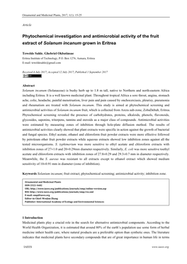 Phytochemical Investigation and Antimicrobial Activity of the Fruit Extract of Solanum Incanum Grown in Eritrea