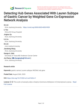 Detecting Hub Genes Associated with Lauren Subtype of Gastric Cancer by Weighted Gene Co-Expression Network Analysis