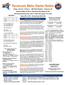 July 2Nd Syracuse Mets Game Notes Vs. Rochester Red Wings