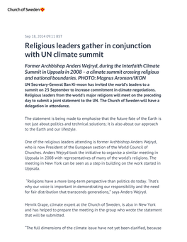 Religious Leaders Gather in Conjunction with UN Climate Summit