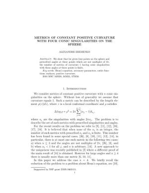 Metrics of Constant Positive Curvature with Four Conic Singularities on the Sphere