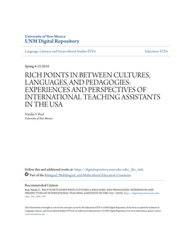RICH POINTS in BETWEEN CULTURES, LANGUAGES, and PEDAGOGIES: EXPERIENCES and PERSPECTIVES of INTERNATIONAL TEACHING ASSISTANTS in the USA Natalia V