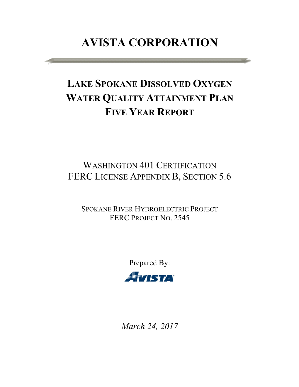 Lake Spokane Dissolved Oxygen Water Quality Attainment Plan Five Year Report