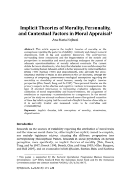 Implicit Theories of Morality, Personality, and Contextual Factors in Moral Appraisal1 Ana-Maria Hojbotă