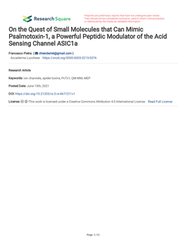 On the Quest of Small Molecules That Can Mimic Psalmotoxin-1, a Powerful Peptidic Modulator of the Acid Sensing Channel Asic1a