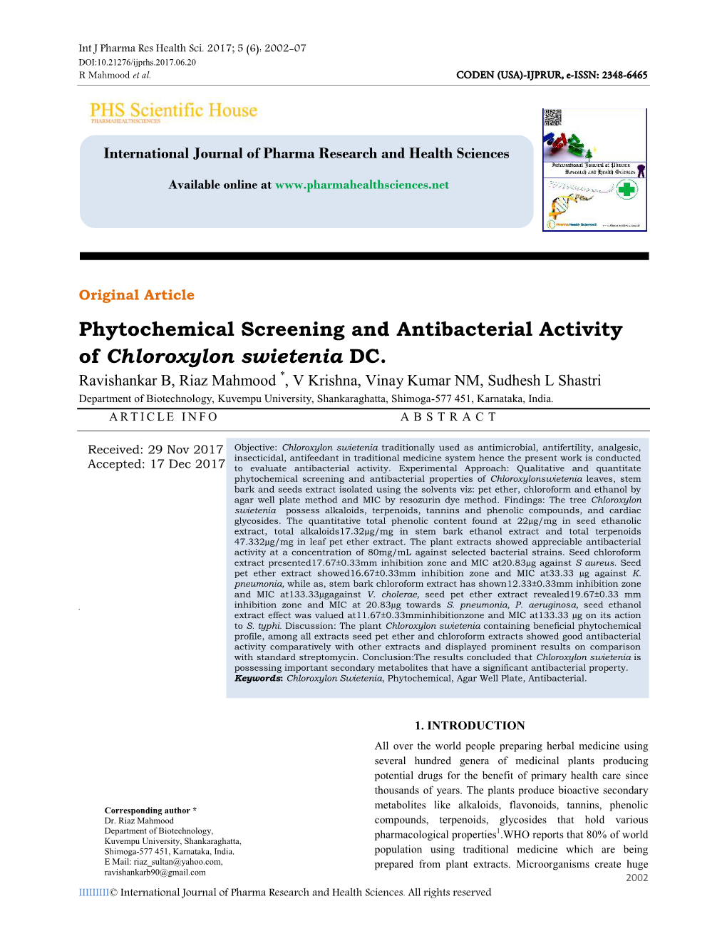 Phytochemical Screening and Antibacterial Activity of Chloroxylon Swietenia DC