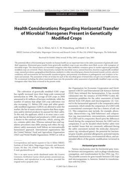 Health Considerations Regarding Horizontal Transfer of Microbial Transgenes Present in Genetically Modiﬁed Crops