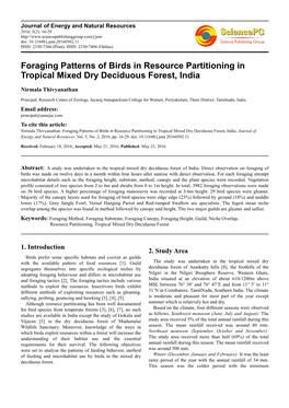 Foraging Patterns of Birds in Resource Partitioning in Tropical Mixed Dry Deciduous Forest, India
