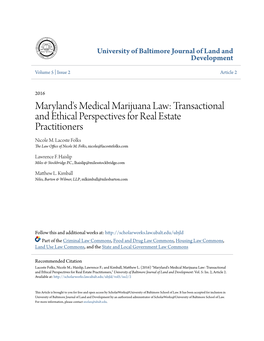 Maryland's Medical Marijuana Law: Transactional and Ethical Perspectives for Real Estate Practitioners Nicole M