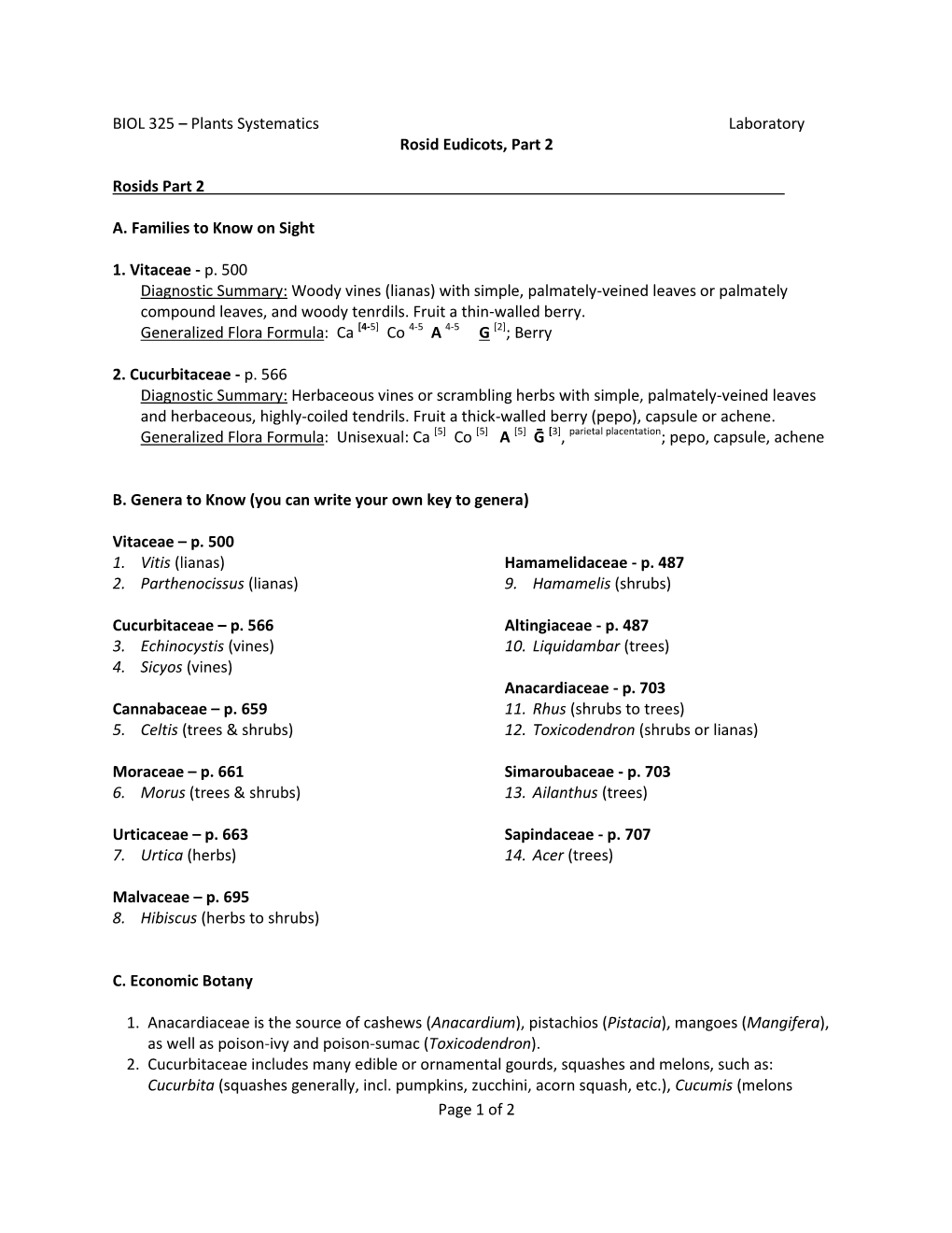 Of 2 BIOL 325 – Plants Systematics Laboratory Rosid Eudicots, Part