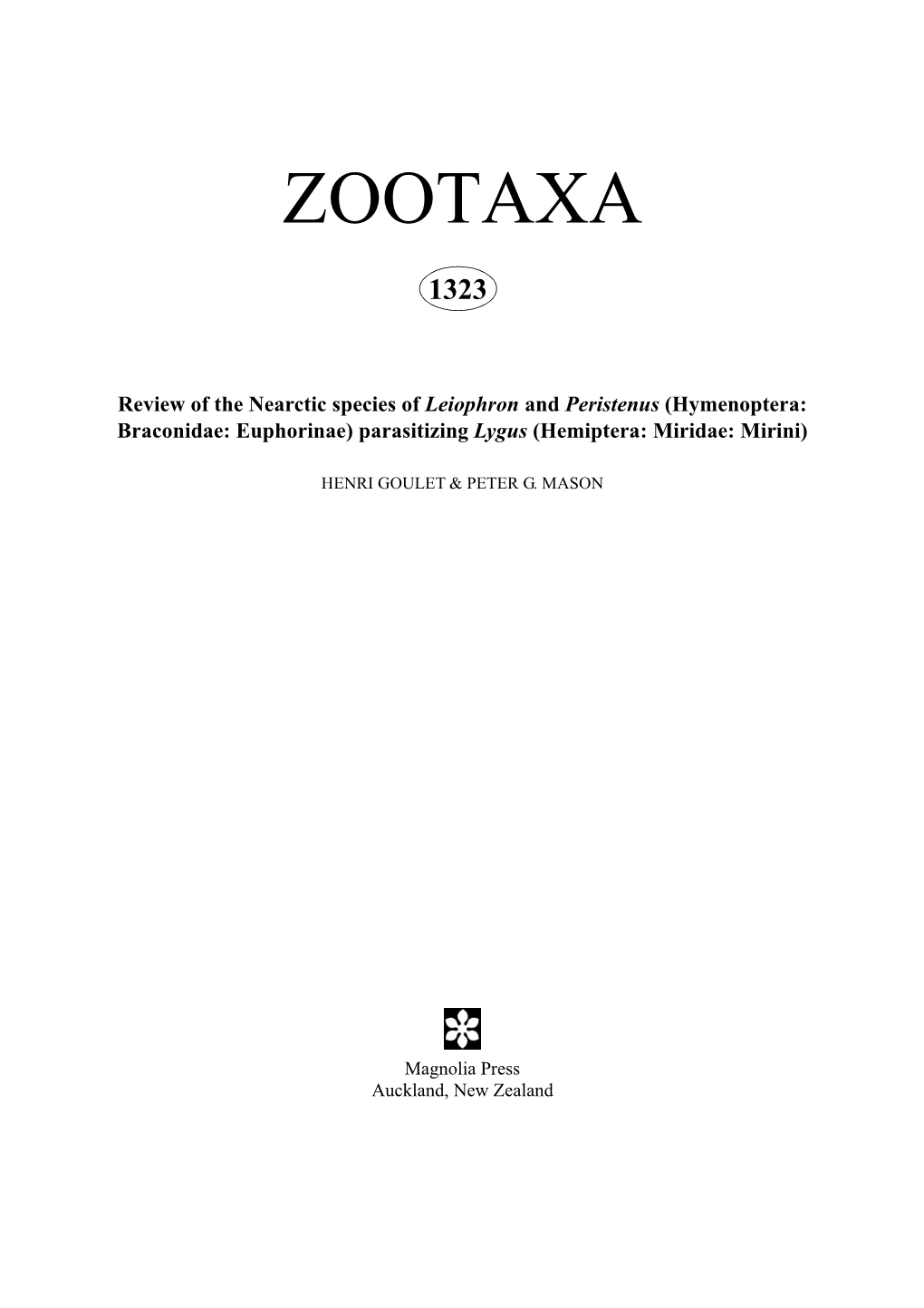 Zootaxa: Review of the Nearctic Species Of