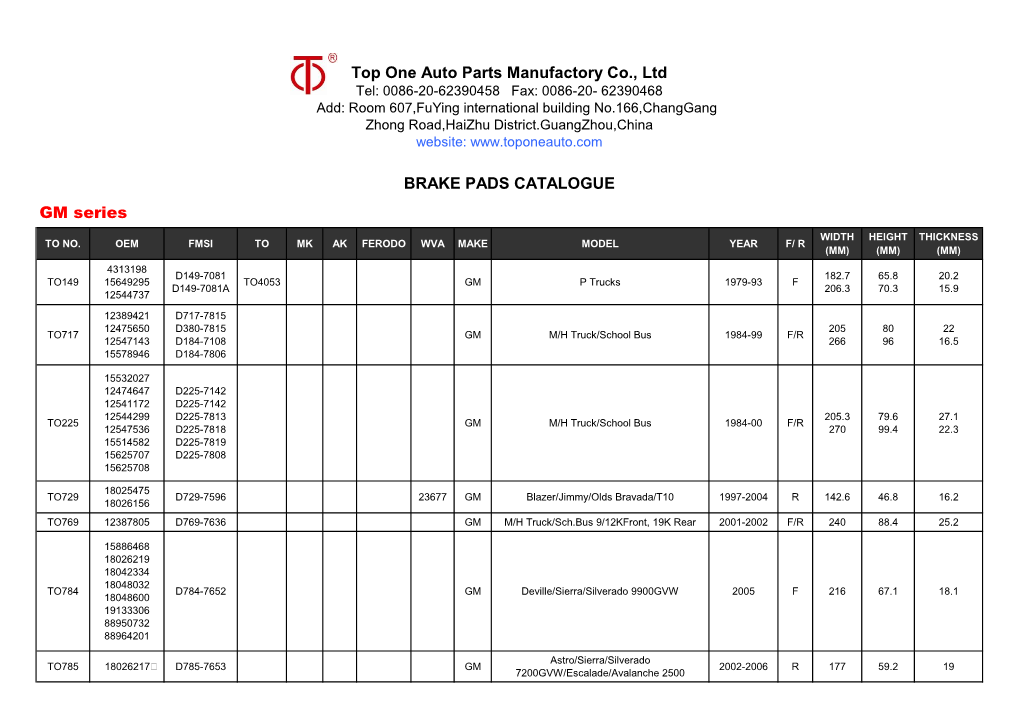 Top One Auto Parts Manufactory Co., Ltd GM Series BRAKE PADS