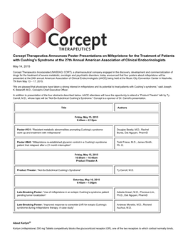 Corcept Therapeutics Announces Poster Presentations On