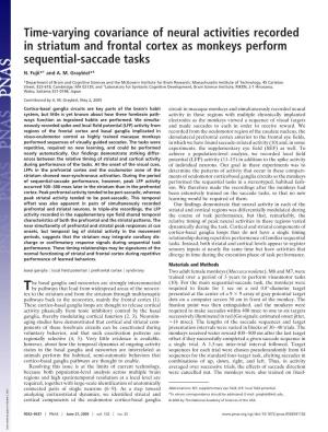 Time-Varying Covariance of Neural Activities Recorded in Striatum and Frontal Cortex As Monkeys Perform Sequential-Saccade Tasks
