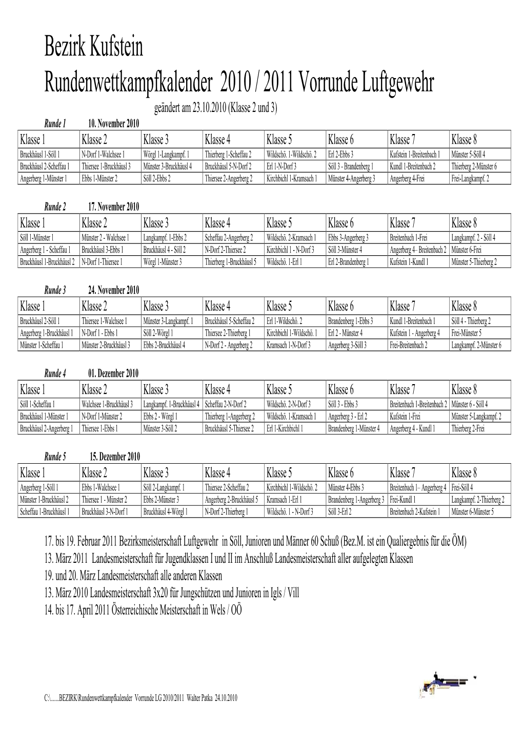 Bezirk Kufstein Rundenwettkampfkalender 2010 / 2011 Vorrunde Luftgewehr Geändert Am 23.10.2010 (Klasse 2 Und 3) Runde 1 10