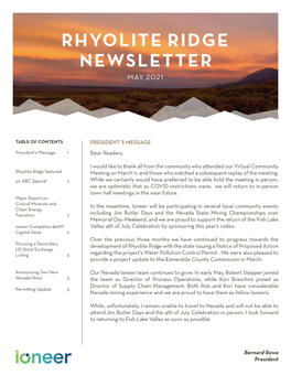 Rhyolite Ridge Q2 Newsletter