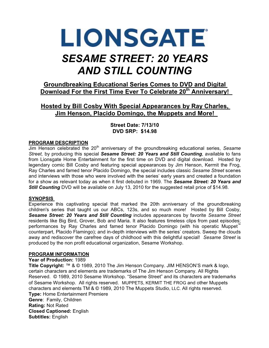 Sesame Street: 20 Years and Still Counting
