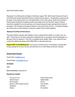 Harriton Field Hockey Preseason Letter 2021-22