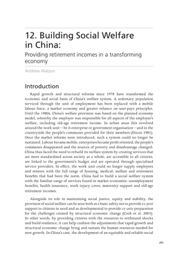 12. Building Social Welfare in China: Providing Retirement Incomes in a Transforming Economy