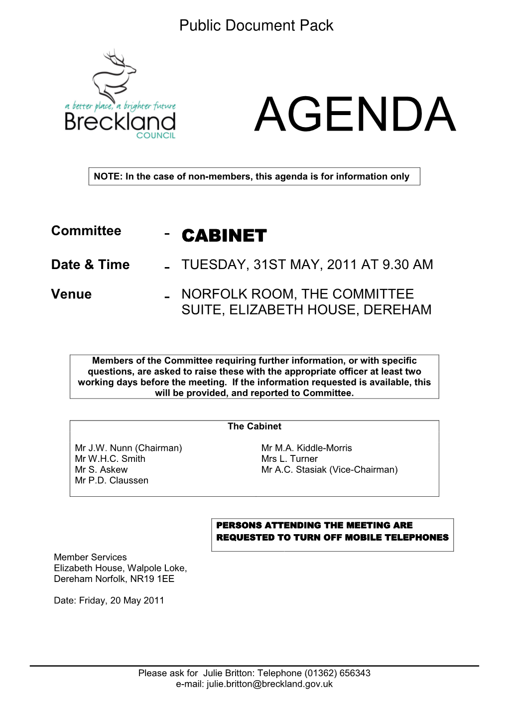 Agenda Frontsheet 31/05/2011, 09.30