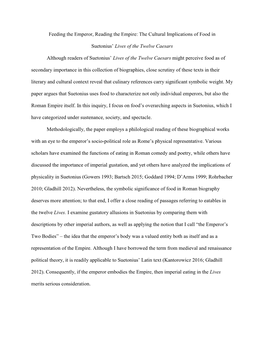 Feeding the Emperor, Reading the Empire: the Cultural Implications of Food in Suetonius' Lives of the Twelve Caesars Although