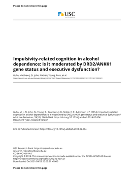 Impulsivity-Related Cognition in Alcohol Dependence: Is It Moderated by DRD2/ANKK1 Gene Status and Executive Dysfunction?