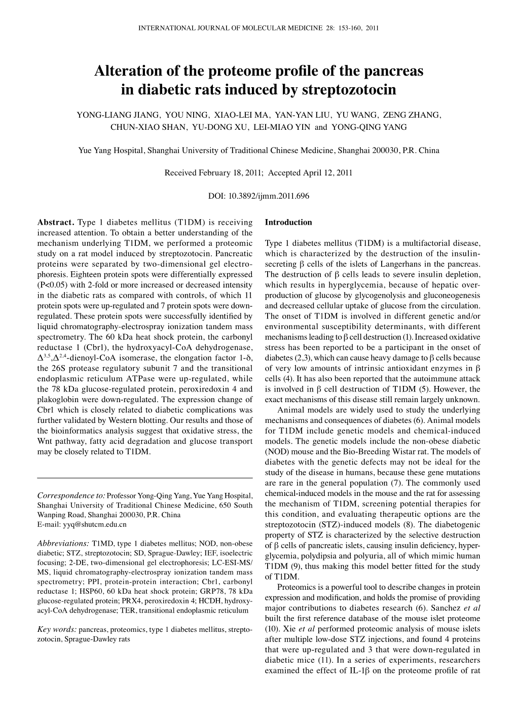 Alteration of the Proteome Profile of the Pancreas in Diabetic Rats Induced by Streptozotocin