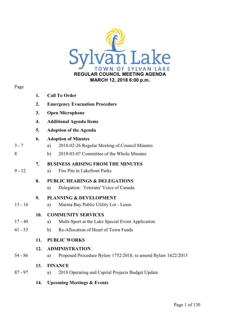 REGULAR COUNCIL MEETING AGENDA MARCH 12, 2018 6:00 P.M