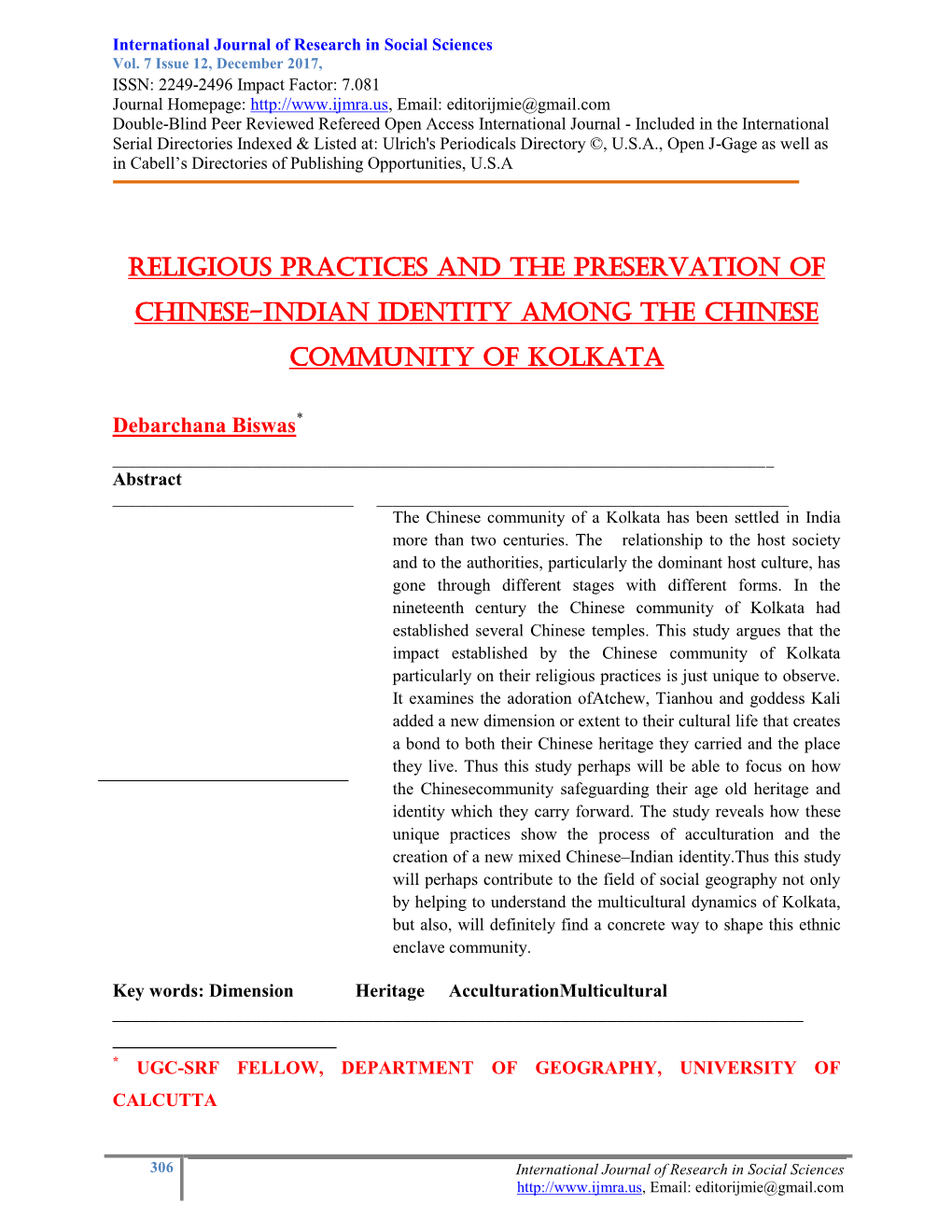 Religious Practices and the Preservation of Chinese-Indian Identity Among the Chinese Community of Kolkata