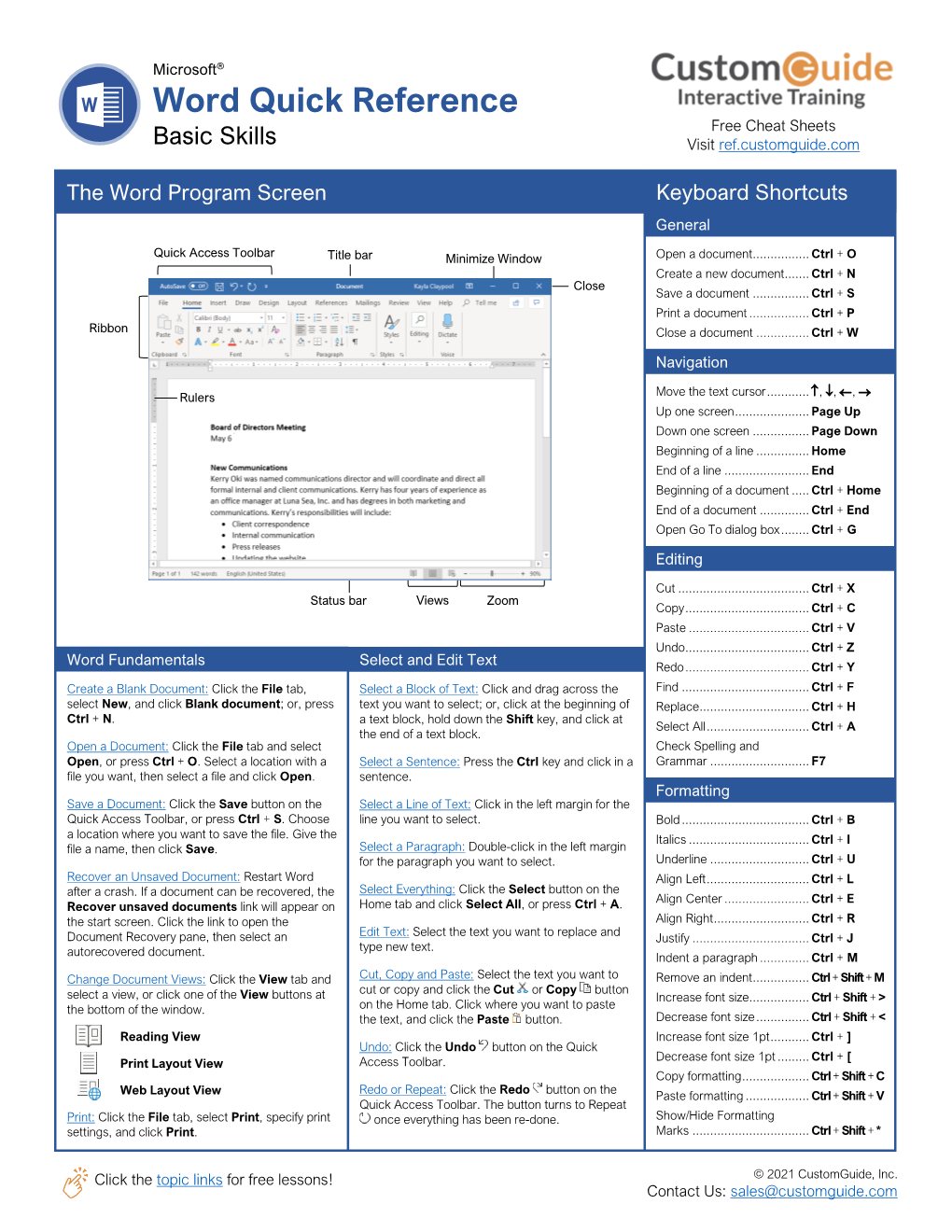 Word Quick Reference Free Cheat Sheets Basic Skills Visit Ref.Customguide.Com