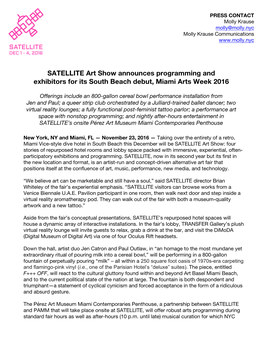 SATELLITE Art Show Announces Programming and Exhibitors for Its South Beach Debut, Miami Arts Week 2016