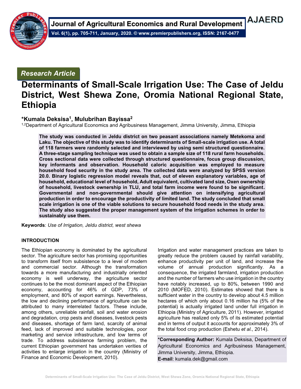 Determinants of Small-Scale Irrigation Use: the Case of Jeldu District, West Shewa Zone, Oromia National Regional State, Ethiopia