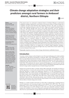 Climate Change Adaptation Strategies and Their Predictors Amongst Rural Farmers in Ambassel District, Northern Ethiopia