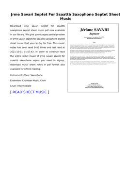 Jrme Savari Septet for Ssaattb Saxophone Septet Sheet Music