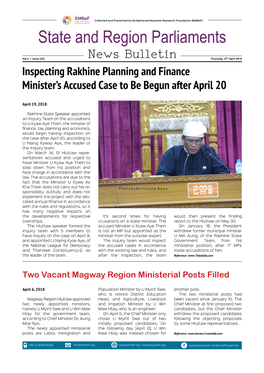 State and Region Parliaments News Bulletin Issue Vol (2), Issue - 53 State Hluttaw Cut Over 6 Billion of Rakhine Gov’T’S Budget