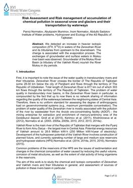 Risk Assessment and Risk Management of Accumulation of Chemical Pollution in Seasonal Snow and Glaciers and Their Transportation by Waterways