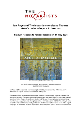Ian Page and the Mozartists Rerelease Thomas Arne's Restored