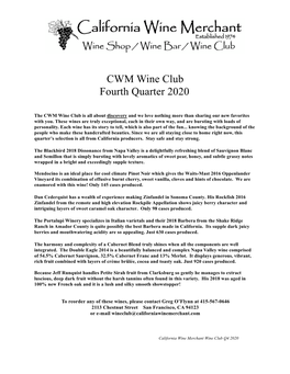 CWM Wine Club Fourth Quarter 2020