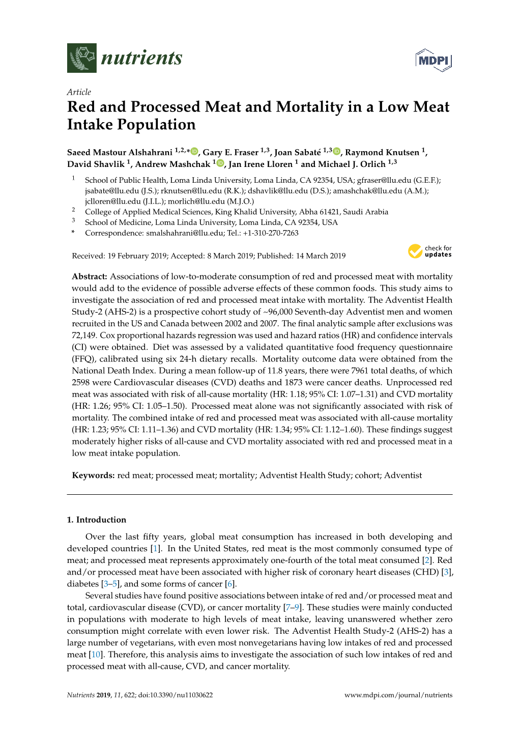 Red and Processed Meat and Mortality in a Low Meat Intake Population