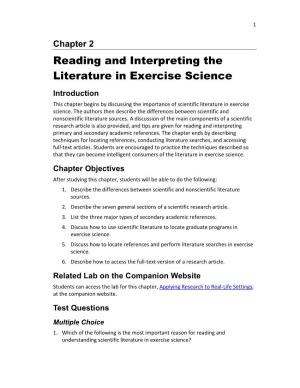 Reading and Interpreting the Literature in Exercise Science Introduction This Chapter Begins by Discussing the Importance of Scientific Literature in Exercise Science