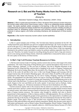 Research on Li Bai and His Poetry Works from the Perspective of Tourism Jihong Xu Ma'anshan Teacher's College, Anhui, Ma'anshan, 243041, China Abstract