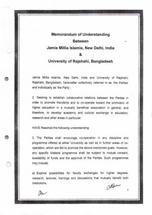 Memorandum of Understanding Between Jamia Millia Islamia, New Delhi, India University of Rajshahi, Bangladesh