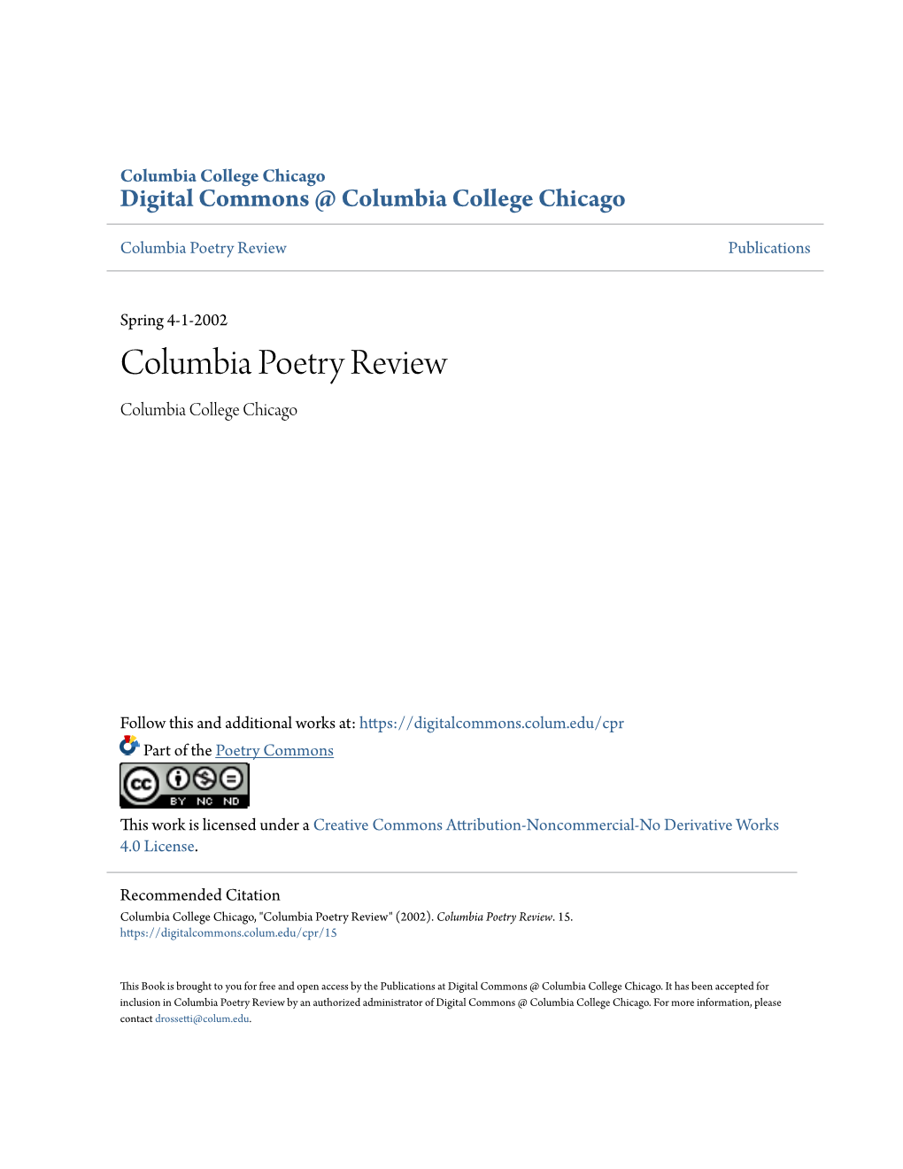 Columbia Poetry Review Publications