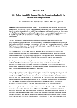 PRESS RELEASE High Carbon Stock (HCS) Approach Steering Group