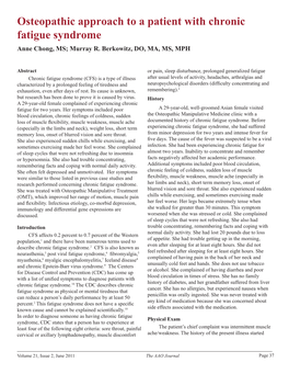 Osteopathic Approach to a Patient with Chronic Fatigue Syndrome Anne Chong, MS; Murray R