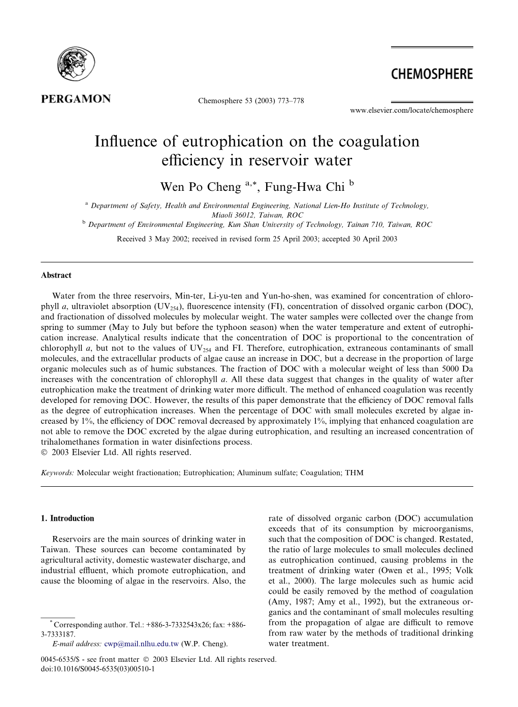 Influence of Eutrophication on the Coagulation Efficiency in Reservoir