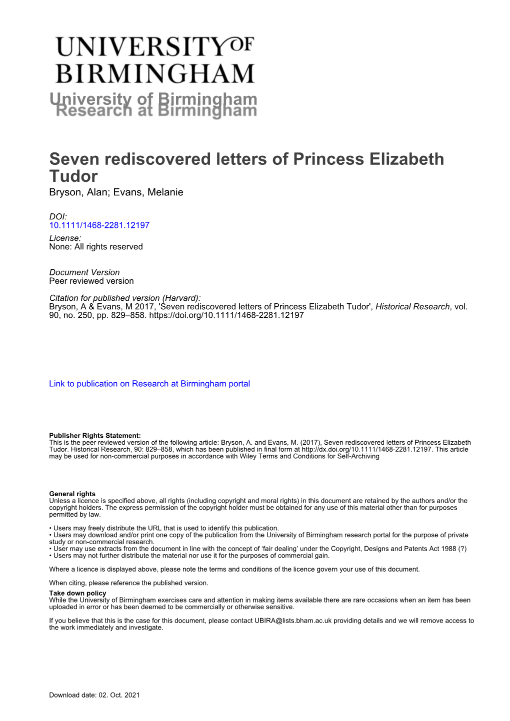 Seven Newly-Discovered Letters of Princess Elizabeth*