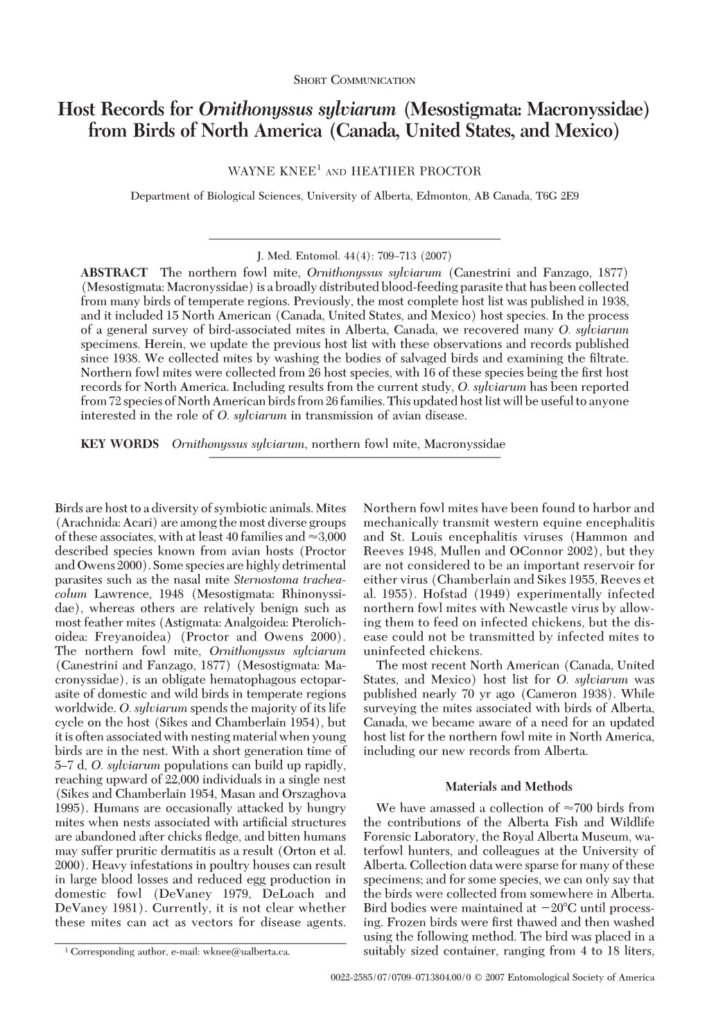 Host Records for Ornithonyssus Sylviarum (Mesostigmata: Macronyssidae) from Birds of North America (Canada, United States, and Mexico)